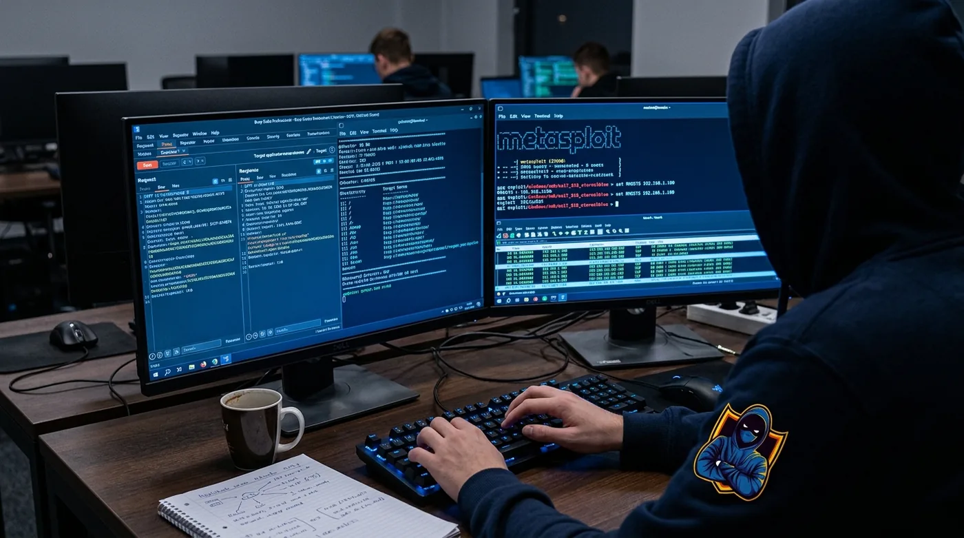 Student working in Burp Suite and Metasploit at a lab workstation