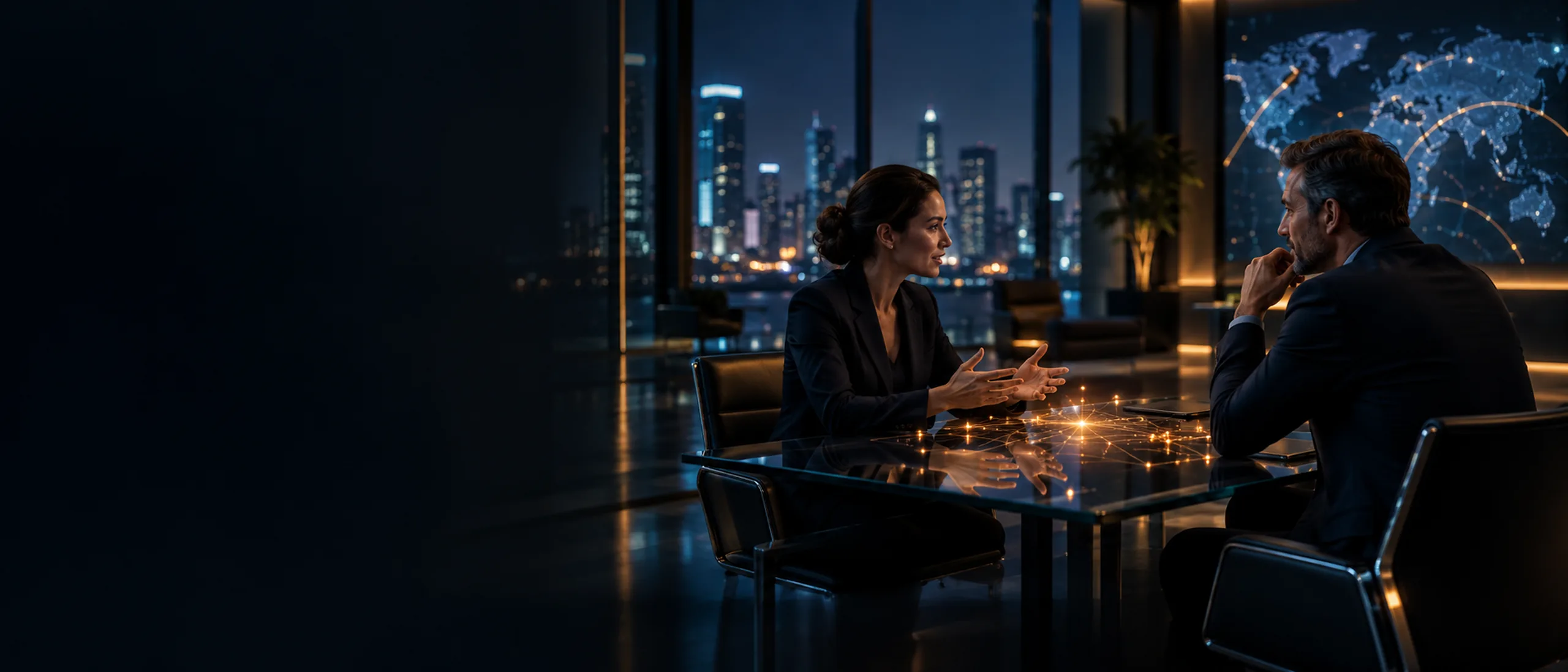 Two people in conversation across a glass table displaying a lit network map